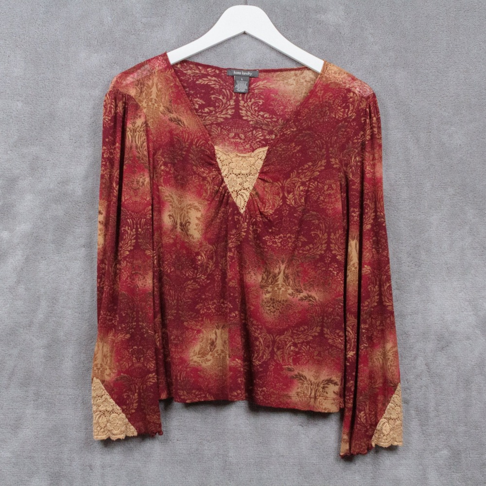 KATE LANDRY Damask Lace Trim V-Neck Top Forest Fairy‎ Grunge Red Gold 90s VTG L